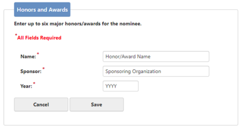 Screenshot of the Honors and Awards Menu from the ACS Fellows Online Nomination System