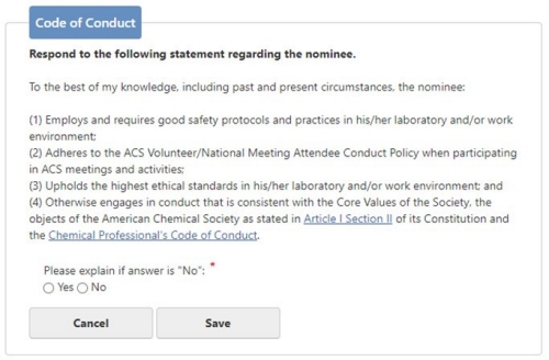 Screenshot of the Code of Conduct Menu from the ACS Fellows Online Nomination System