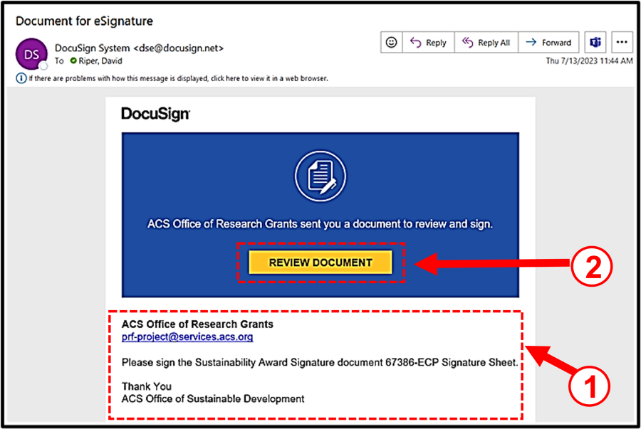 Figure 12. Sustainability Award ECP Application DocuSign Endorser Email