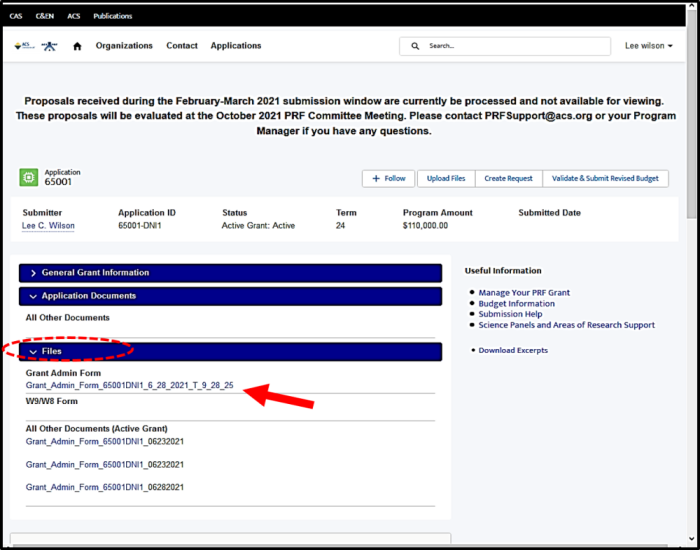 Figure 10. PRF Portal: Application Detail - Files Section