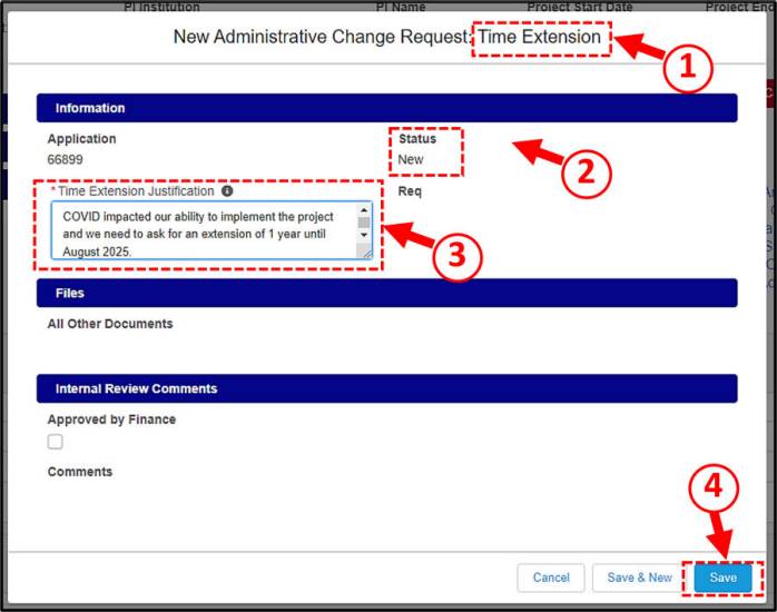 Figure 23. PRF Administrative Change Request: Time Extension Create Screen