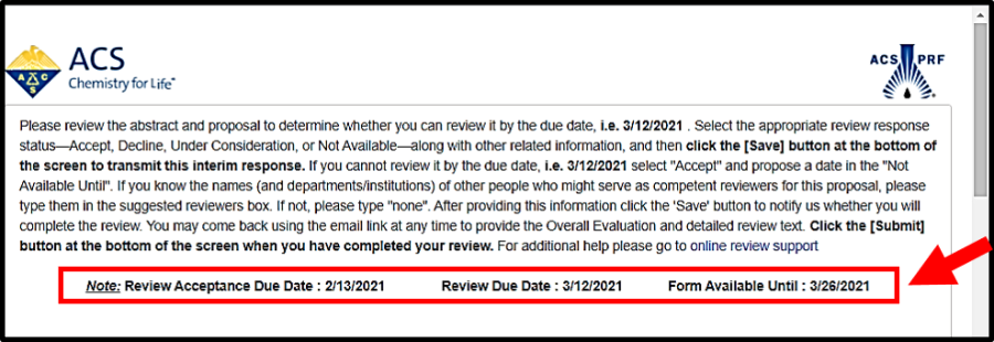 Figure 2.  ACS PRF Review Request Form Instructions and Due Dates
