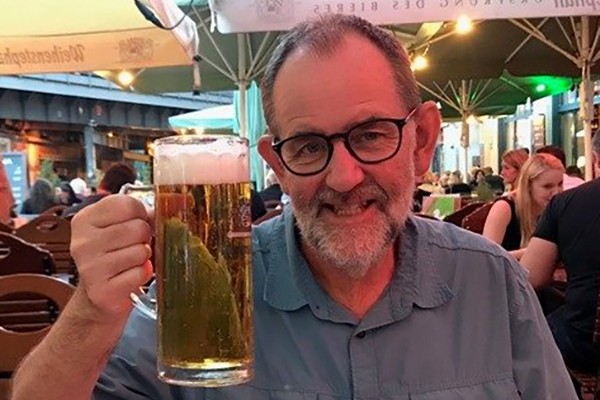 Dave Lohse enjoys a beer in Berlin, September 2018