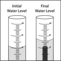 measuring the difference between the initial water level and the final water level