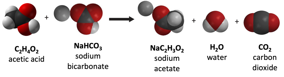 The chemical equation for the reaction of vinegar with baking soda. Acetic acid, which is found in vinegar, reacts with sodium bicarbonate (baking soda) to yield sodium acetate, water, and carbon dioxide. 