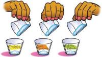 Three hands simultaneously pouring water into three separate cups labeled "precipitate," "sodium bicarbonate," and "calcium chloride"