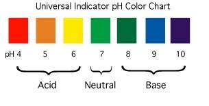 Universal indicator PH color chart, showing that pH range 4-7 is acidic, a pH of 7 is neutral, and pH range 8-10 is basic