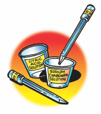Equipment labeed: one cup and one dropper each labeled "citric acid solution," one cup and one dropper each labeled "sodium carbonate solution"