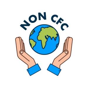Non CFC heading with hands protecting the planet Earth