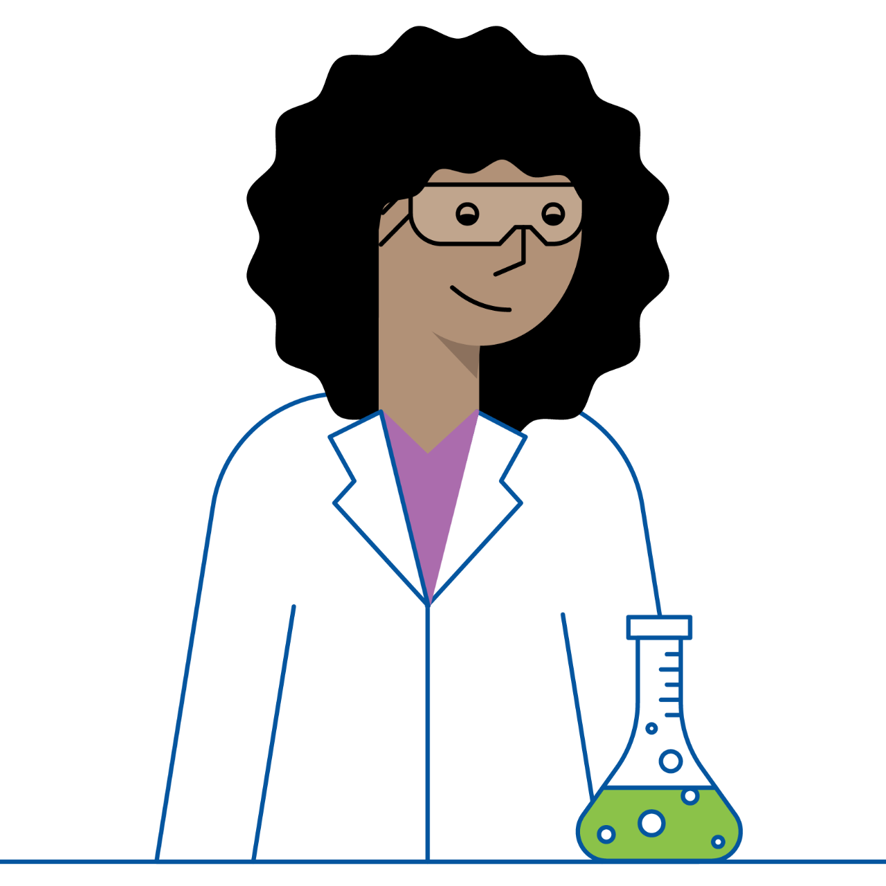 person in a lab coat shown from the waist up with an erlenmeyer flask next to them