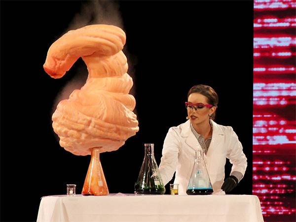 Miss Camille Schrier performing the elephant toothpaste demonstration during the Miss America 2.0 competition in December 2019.