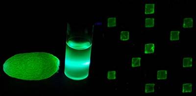 A fluorescent silkworm cocoon on the left, with glowing proteins on the right