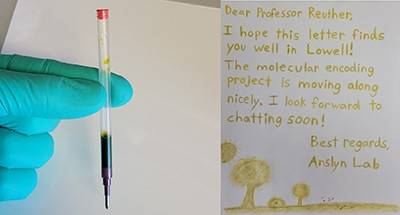 On the left: gloved hand holding tube of molecular encryption ink; on the right: letter written in molecular encryption ink