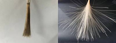 Two images side-by-side: on the left, nanocomposite-coated hairs sitting flat; on the right, untreated hair stuck with static