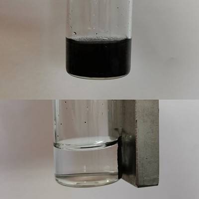 Two images: on the top, a close up of a test tube with a small amount of black colored liquid; on the bottom, the same test tube but with clear liquid and a magnet 