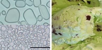 Two images side-by-side. On the left: microscopic comparison of different sized nanocrystals; on the right: a scoop of mint chocolate chip ice cream