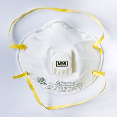 White, valved N95 mask with yellow straps