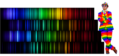 Four rows of rainbow-colored lines sit on a black background, and a young man in a rainbow-striped suit leans on the line spectra.