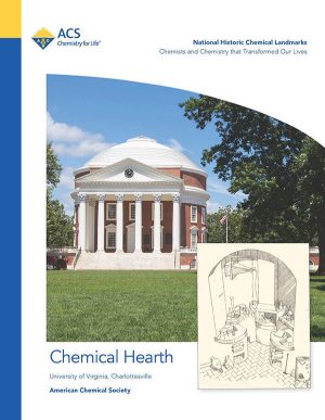  Alt text: Artist’s rendition of the chemical hearth at UVA, showing a room with scientific equipment scattered around, and work surfaces heated by furnaces; exterior photo of the Rotunda, a circular building that houses the hearth.