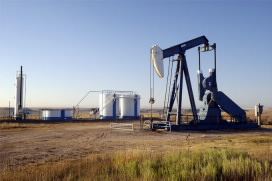 An oil derrick in an oil field