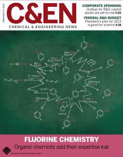 C&EN cover featuring a chalkboard covered in diagrams of organic molecules
