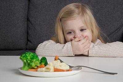 Child covering mouth with a plate of broccoli and cauliflower in front of her.