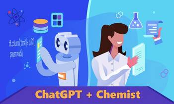 A cartoon shows a robot representation of ChatGPT and a chemist.