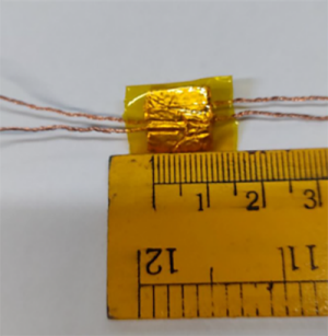 A small, metallic sensor, one-and-a-half centimeters in length, with two wires leading out of the right and left sides.