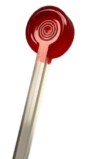 A specialized lollipop with a spiral-shaped groove inlaid into the top of the stick underneath the candy.