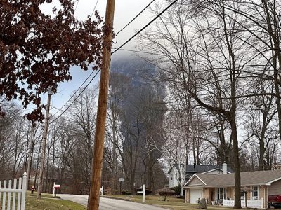A dark gray smoke plume rises up from behind trees and houses in a residential neighborhood.