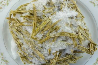 A block of dull, shriveled French cut green beans is covered in large, white ice crystals and sits on a plate
