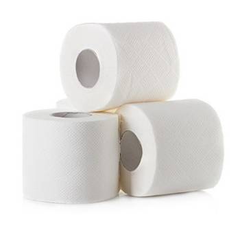 Three rolls of white toilet paper are arranged in a pyramid shape