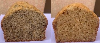 Two slices of sponge cake, with the left containing a large number of brownish flecks.