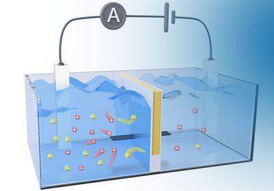 An illustration showing an osmotic energy harvesting system, with a tank of salt water on the left, a semipermeable membrane in the middle and a freshwater tank on the right. Electrodes in each of the tanks measure ion flow. 