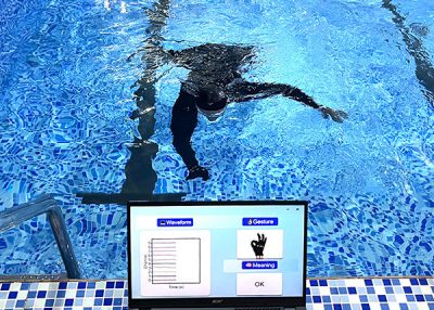 A person submerged in a pool makes a gesture with their gloved right hand. On the edge of the pool, a monitor displays waveform data from electrodes in the person’s glove that are recognized by a computer program as the hand gesture meaning “OK.”