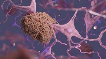 An illustration of a clump of proteins surrounding the connection between brain cells.