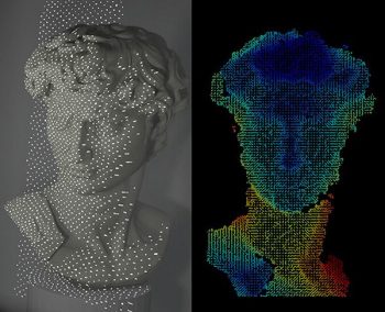 Two images of the bust of Michelangelo's David. On the left, the system projects dots onto the bust. On the right, the system recreates the bust using various colors to show depth.