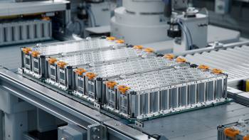 Lithium-ion batteries for an electric vehicle on a production line.