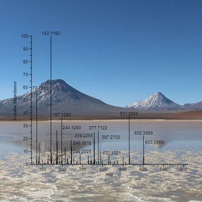 The mass spectrum of a protein is projected over a photo of a high-altitude Andean lake. 