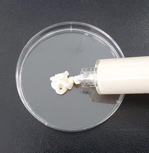 A toothpaste-like material is squirted from a syringe onto a petri dish.