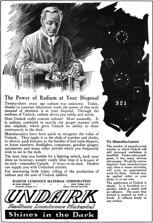 1921 magazine advertisement for Undark, a product of the Radium Luminous Material Corporation.